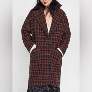 Zara double breasted red and green plaid checkered gingham wool coat
